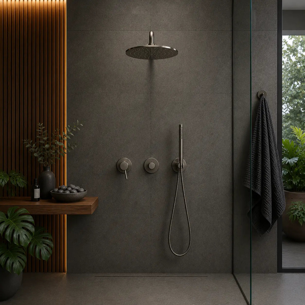Colonne de douche encastrée gris brossé salle de bain design