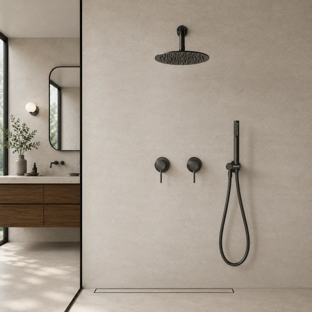 colonne de douche encastrée gris brossé 