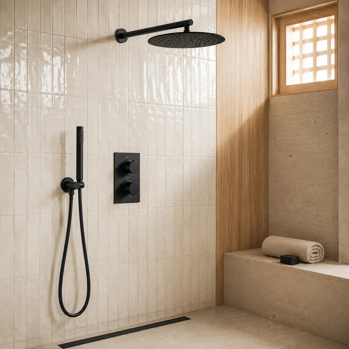 colonne de douche encastrée noir mat dans une salle de bain design
