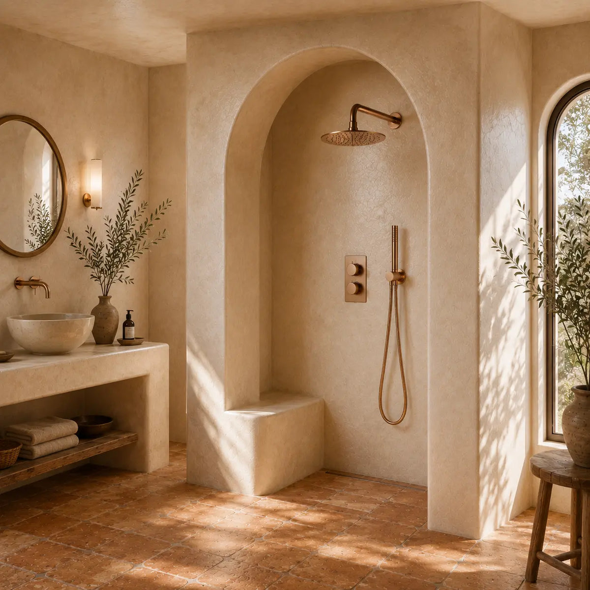 colonne de douche encastrée or rose brossé dans une salle de bain design