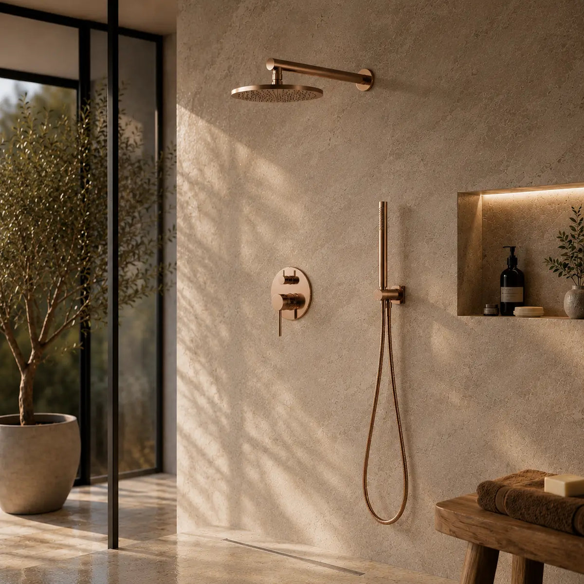 colonne de douche encastrée or rose brossé dans une salle de bain design