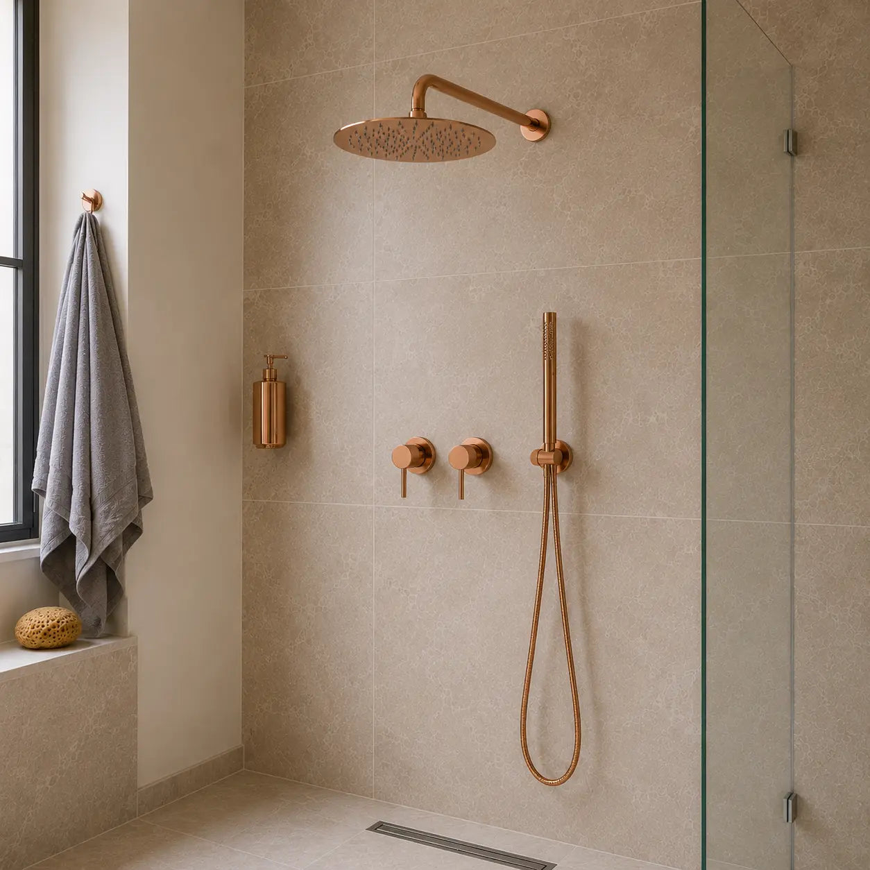 colonne de douche encastrée or rose brossé salle de bain design