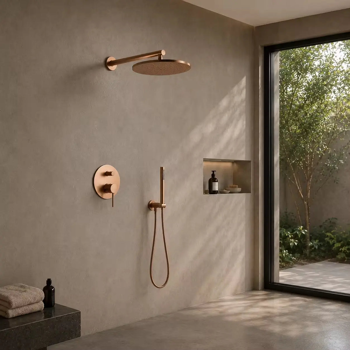 colonne de douche encastrée or rose brossé salle de bain design