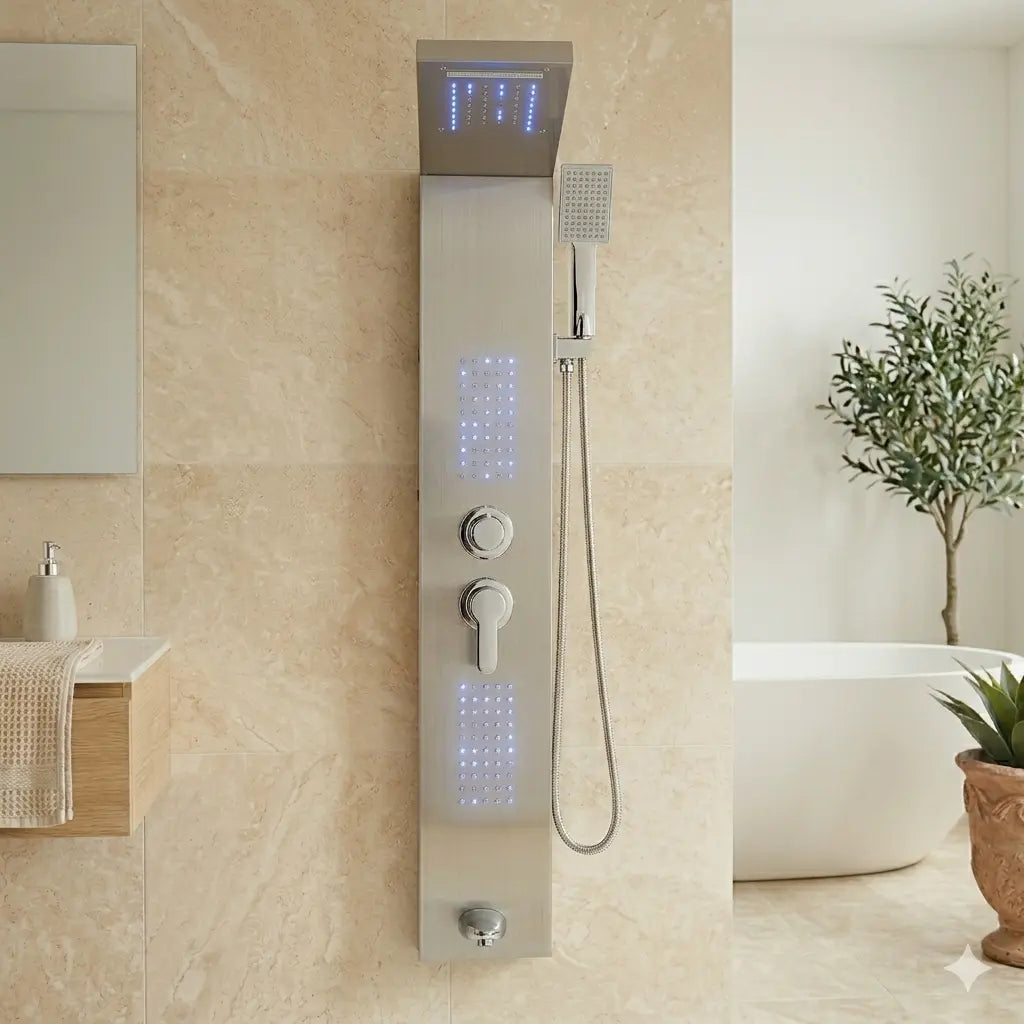 Colonne de douche hydromassante chrome dans une salle de bain design