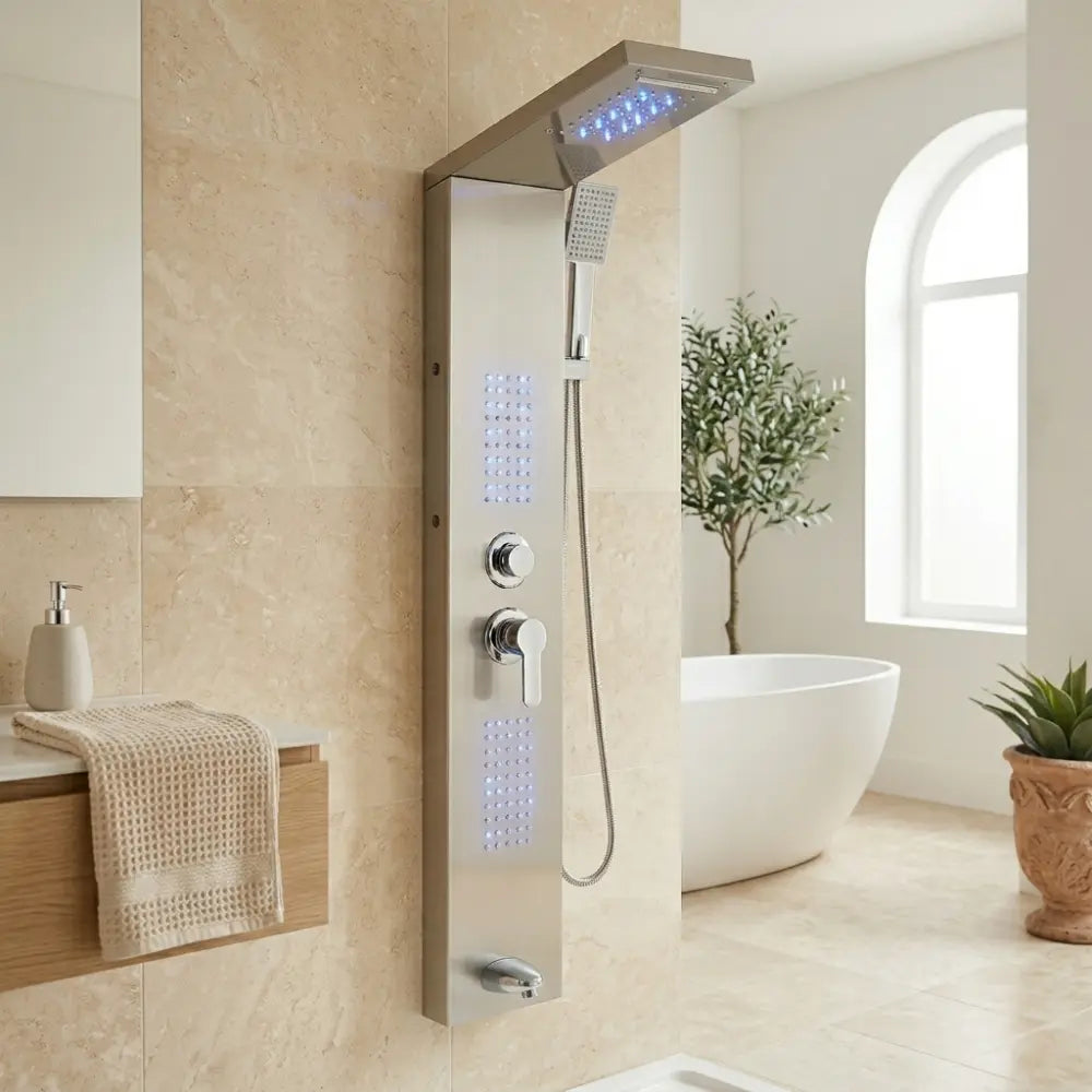 Colonne de douche hydromassante chrome dans une salle de bain design