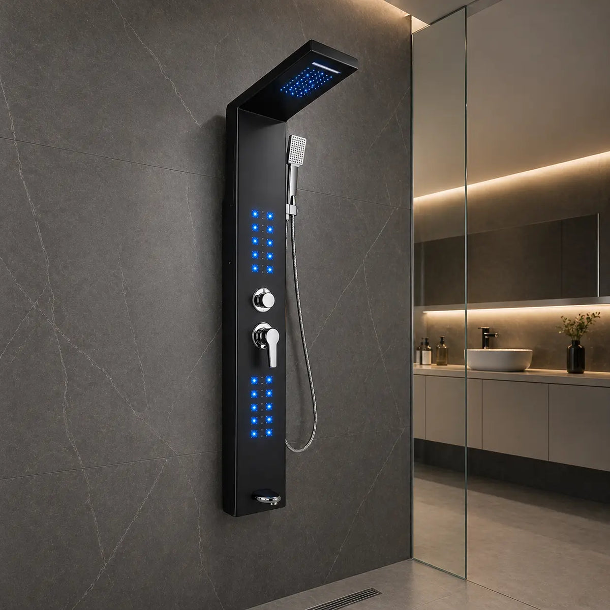 Colonne de douche hydromassante noir mat dans une salle de bain design