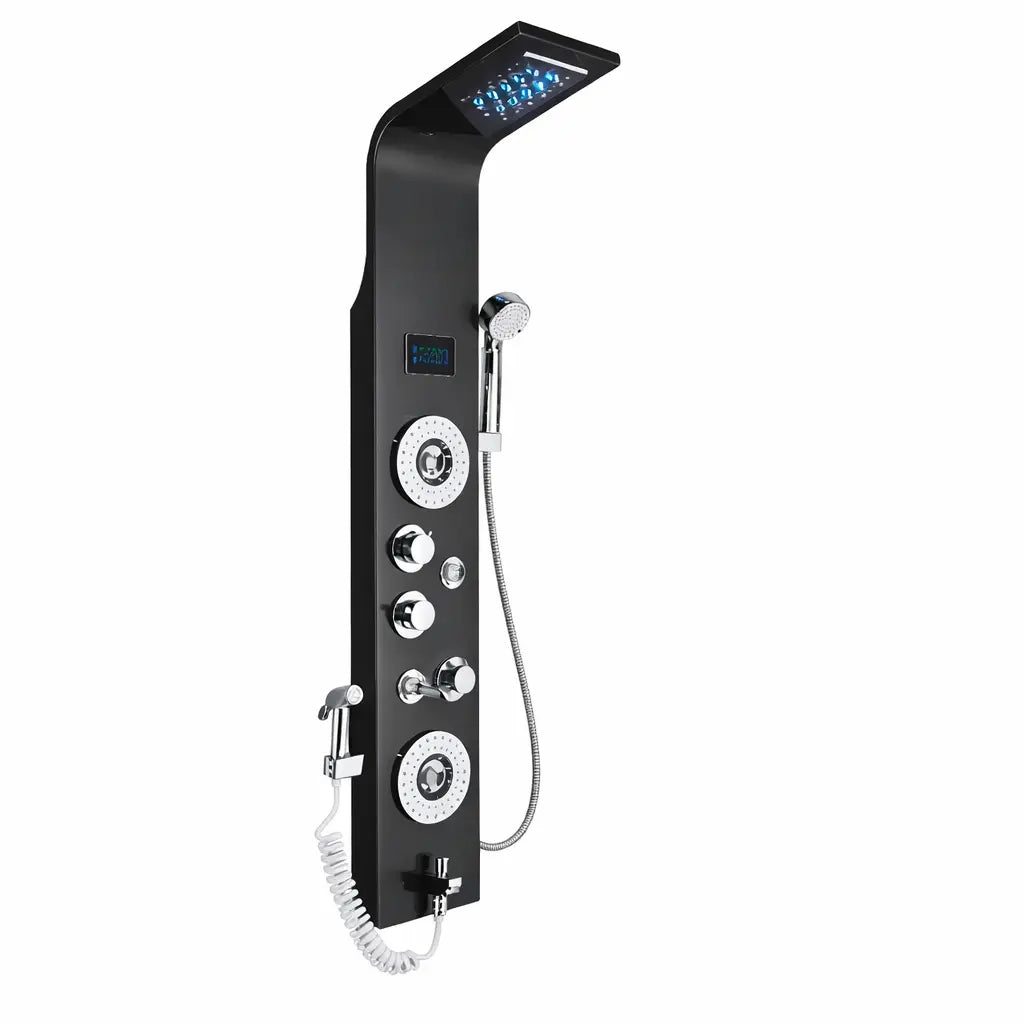 Colonne de douche hydromassante multifonctions en acier noir mat avec panneau de contrôle et affichage digital LED