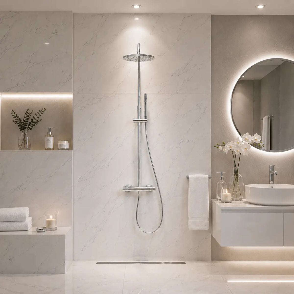 Colonne de douche thermostatique chrome dans une salle de bain design claire