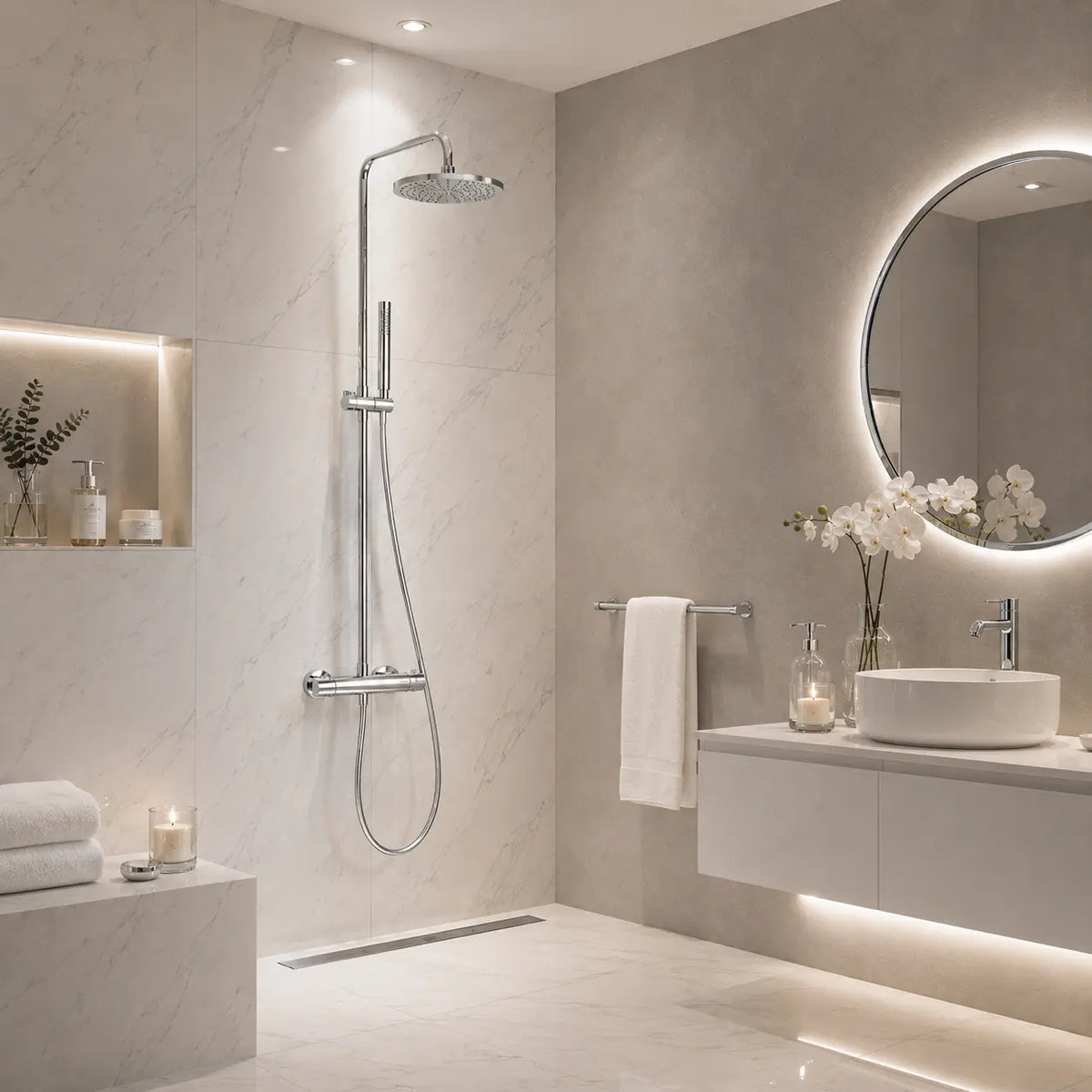 Colonne de douche thermostatique chrome dans une salle de bain avec mur en marbre