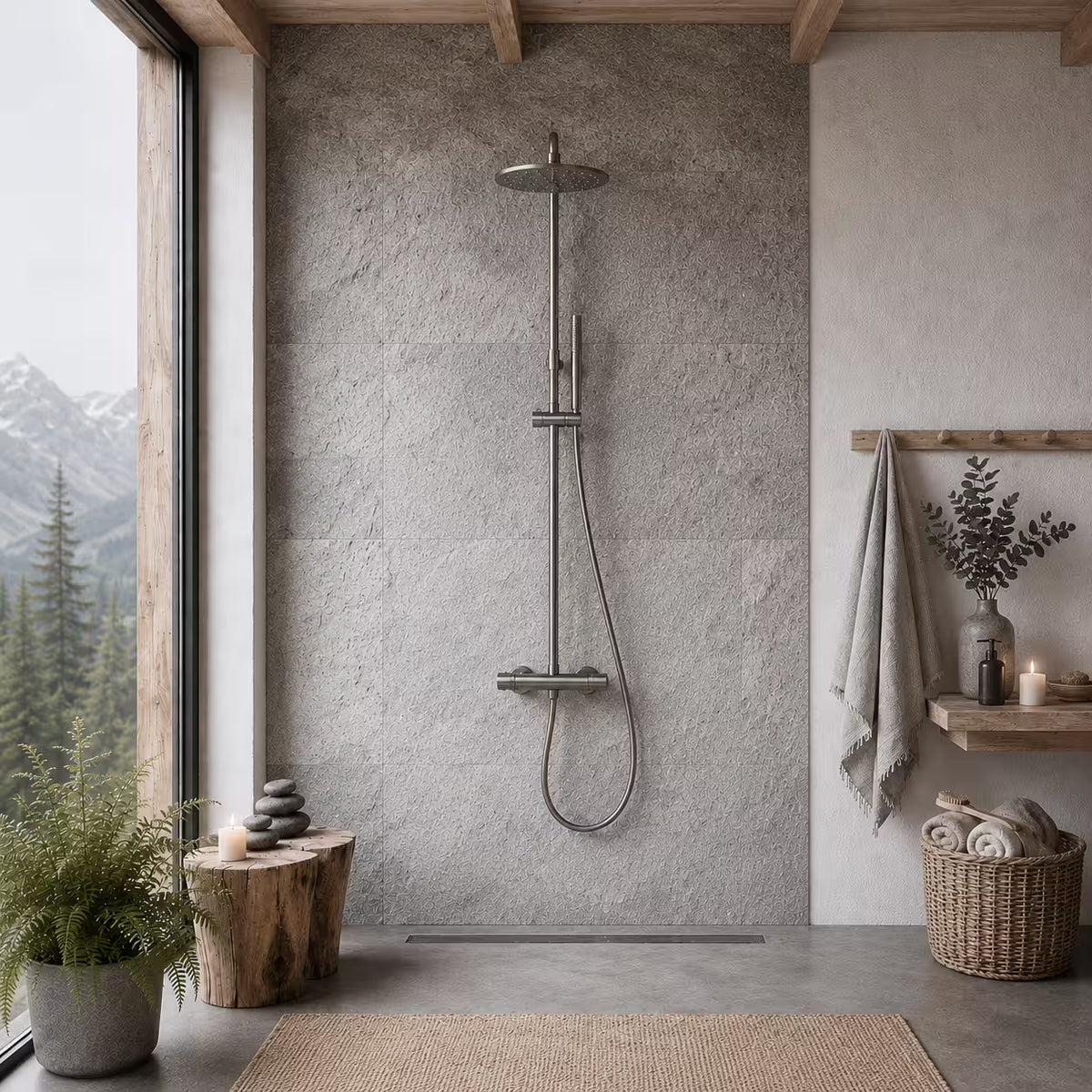 Colonne de douche thermostatique gris brossé dans une salle de bain design