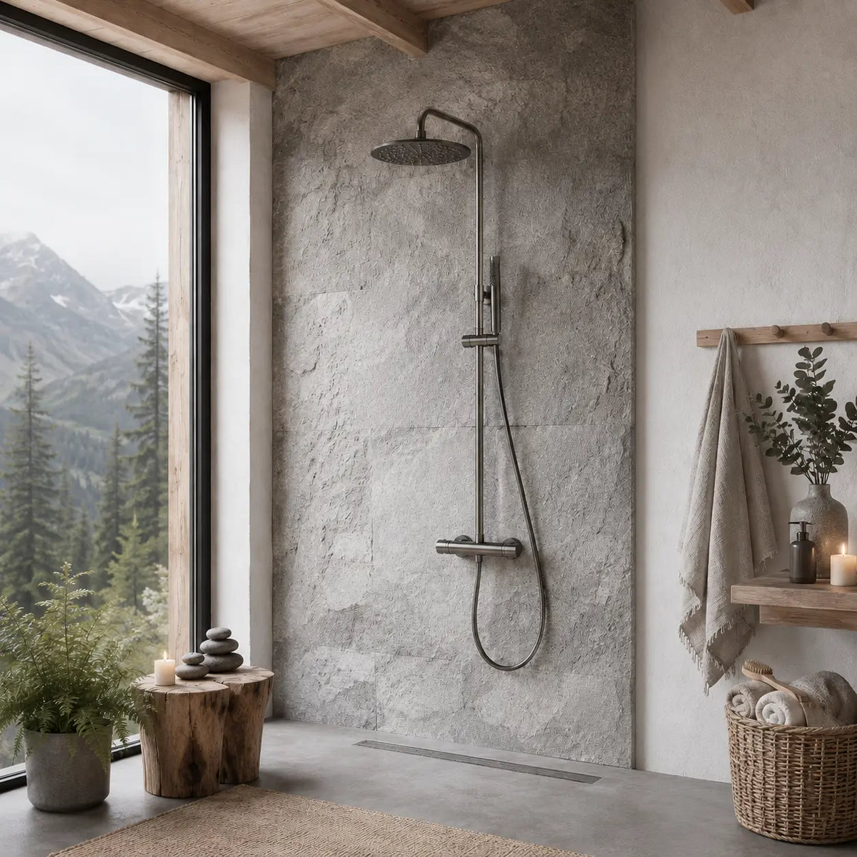 Colonne de douche thermostatique gris brossé dans une salle de bain design
