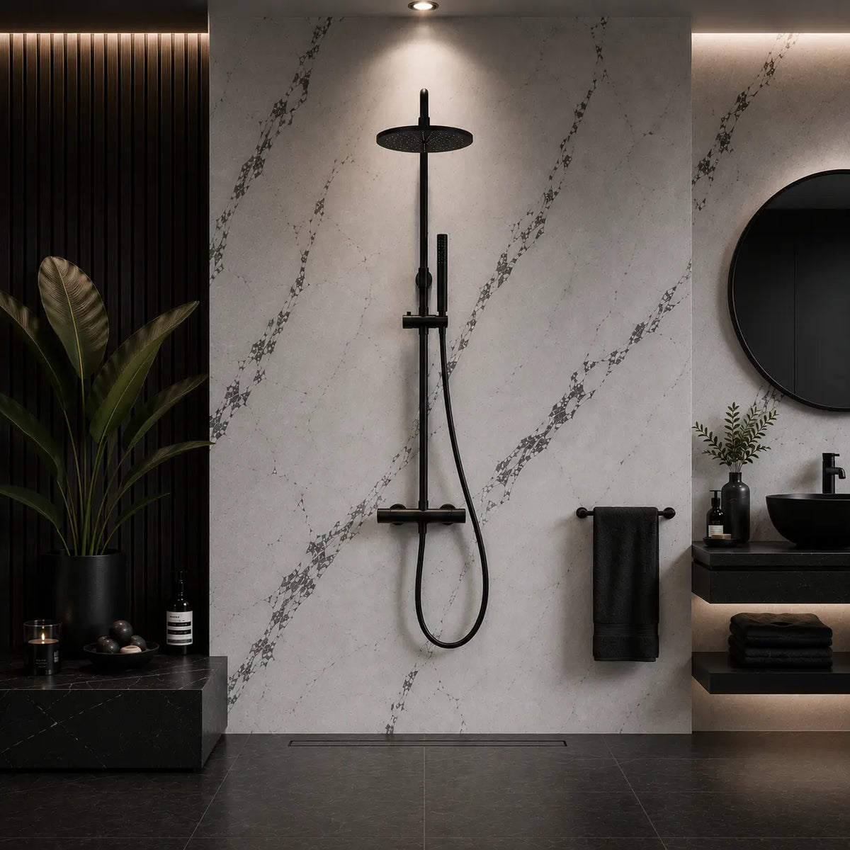 Colonne de douche thermostatique noir mat sur mur en marbre dans une salle de bain design