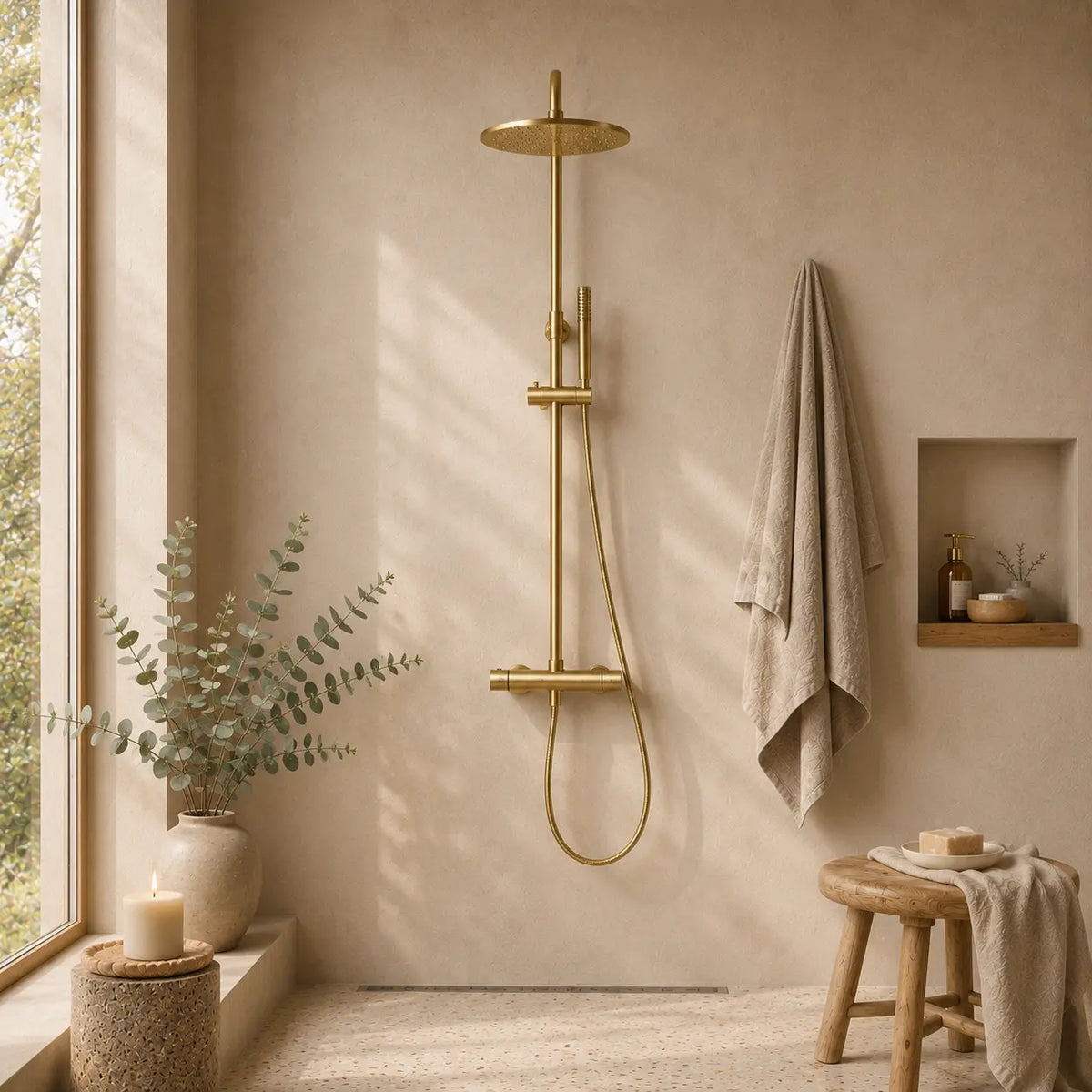 Colonne de douche thermostatique dorée dans une salle de bain japandi