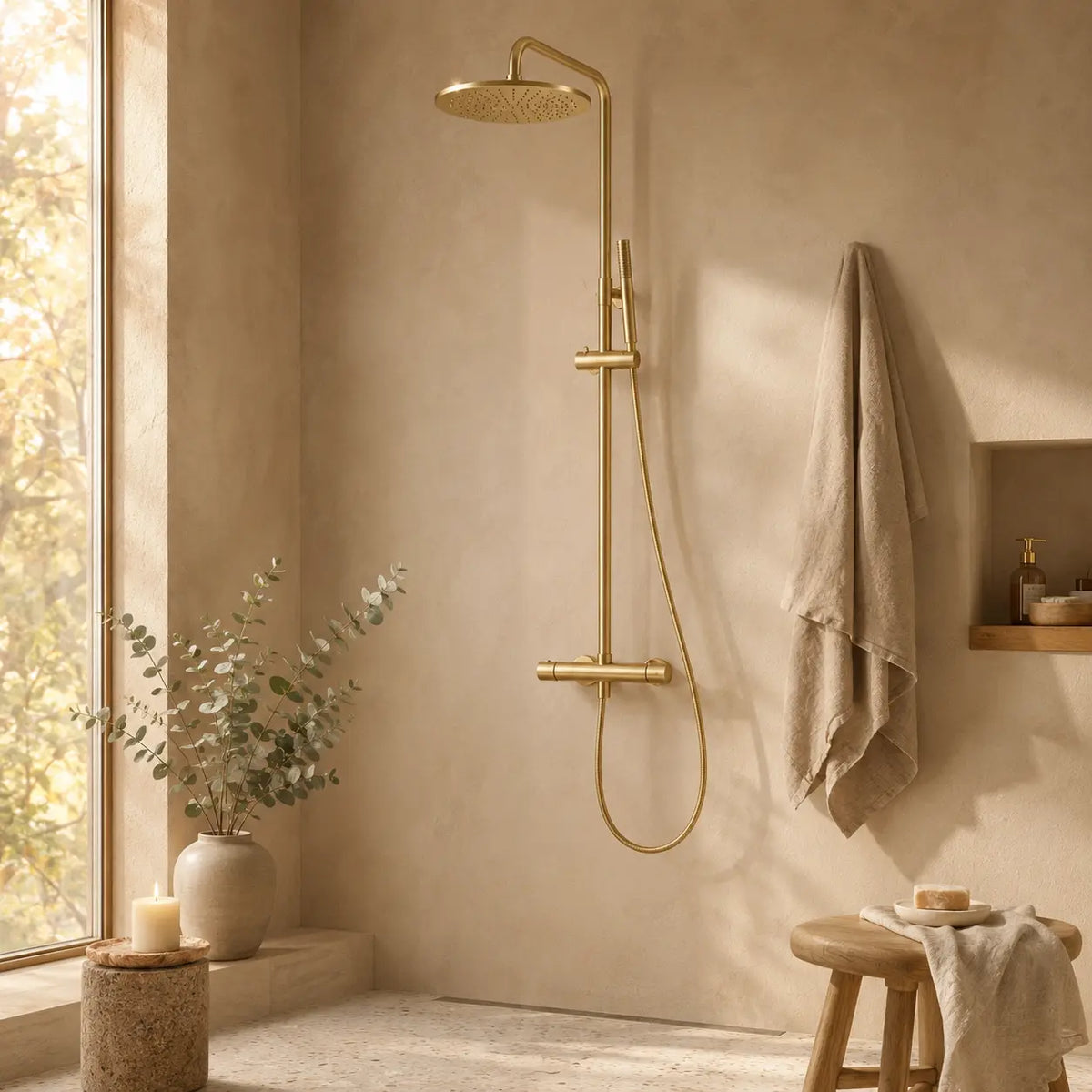 Colonne de douche thermostatique dorée dans une salle de bain japandi