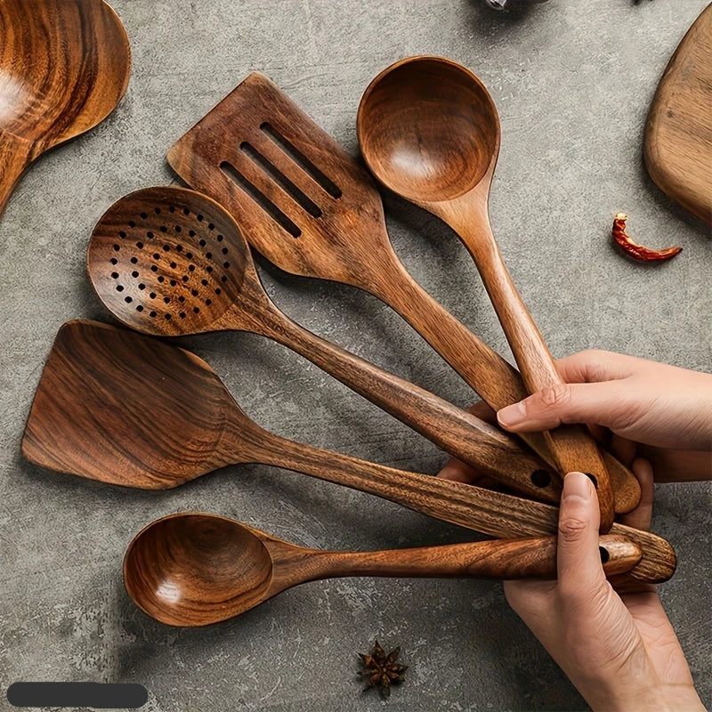 Set d'Ustensiles de Cuisine en Bois de Teck Naturel