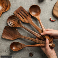 Set d'Ustensiles de Cuisine en Bois de Teck Naturel