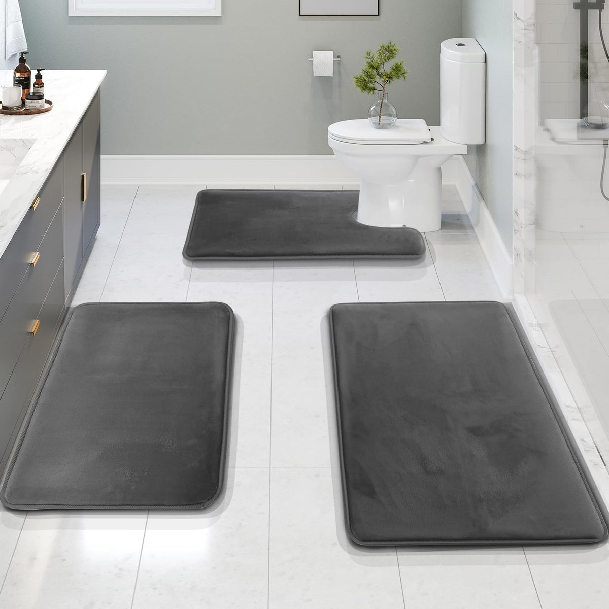 Ensemble de Tapis de Bain Antidérapants en Mousse à Mémoire – 3 Pièces