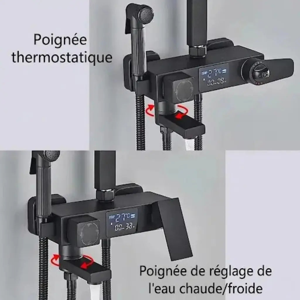Zoom sur les poignées de contrôle de température et de débit de la colonne de douche noire avec affichage digital