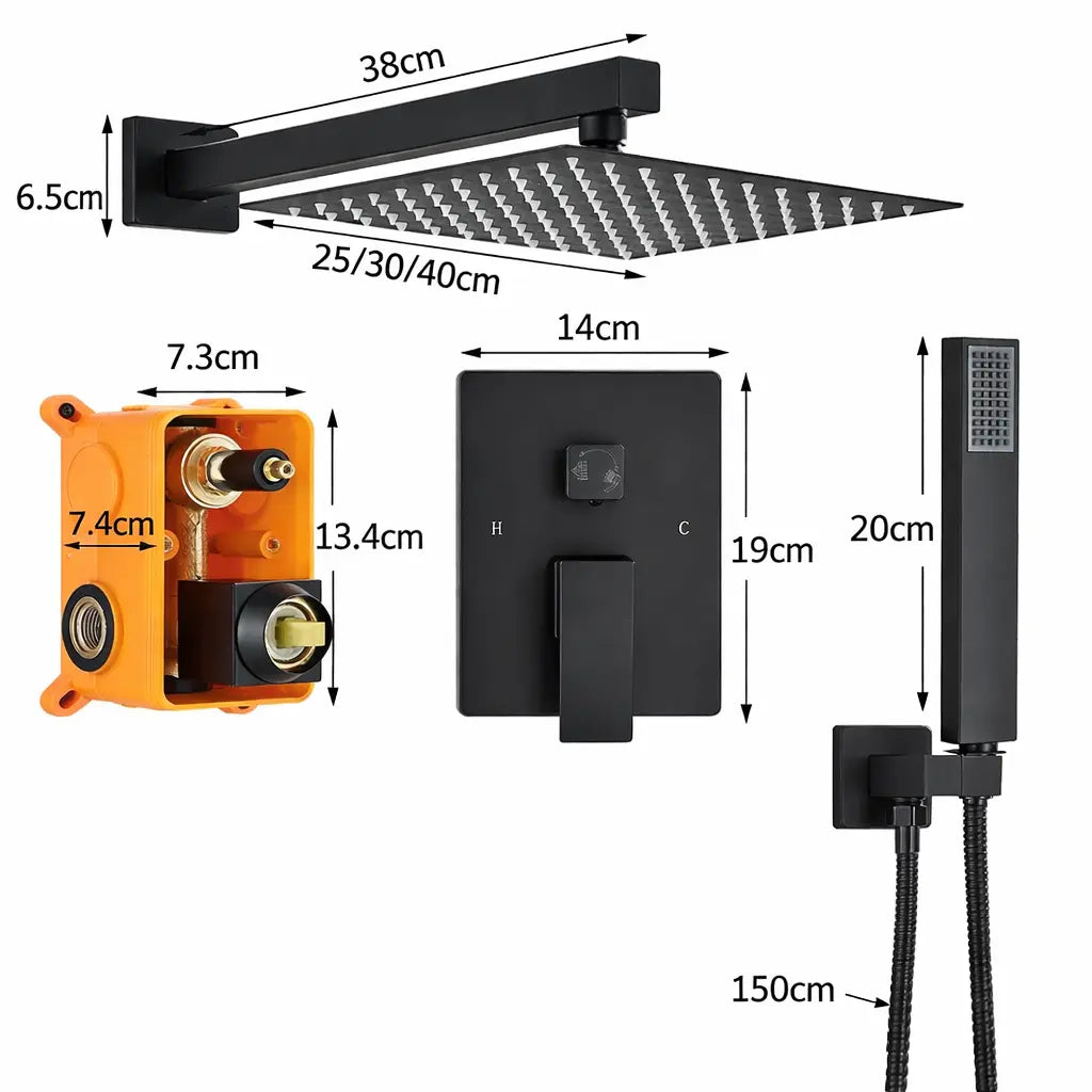 Dimensions des éléments de la colonne de douche encastrée noir mat