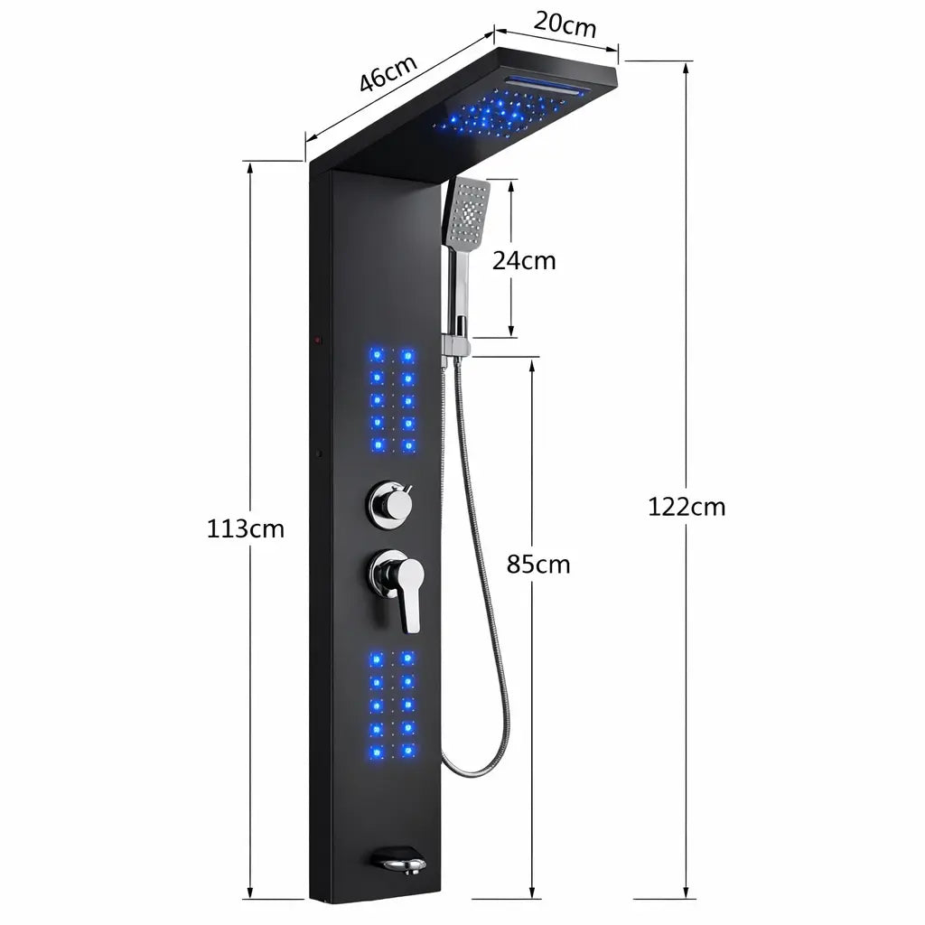 Dimensions de la colonne de douche hydromassante noir mat avec LED