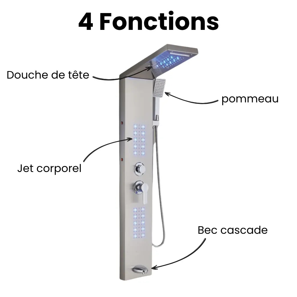 Fonctions de la colonne de douche hydromassante chrome avec LED