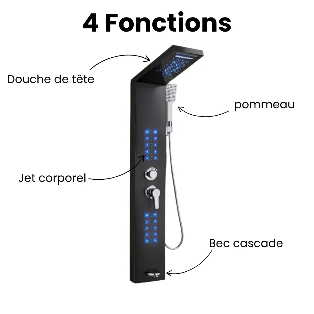 4 fonctions de la colonne de douche hydromassante noir mat avec LED