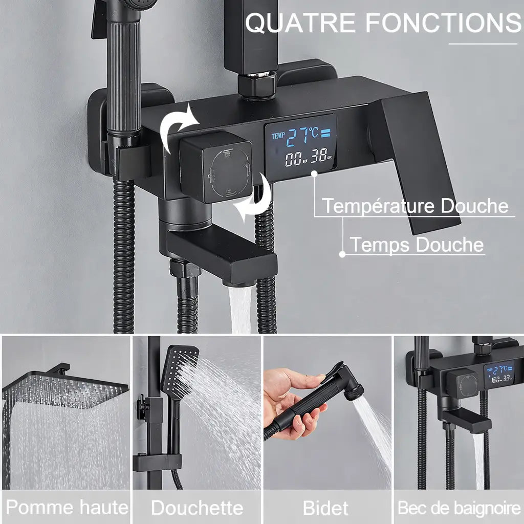 Zoom sur les 4 fonctions de la colonne de douche thermostatique noir mat à affichage numérique