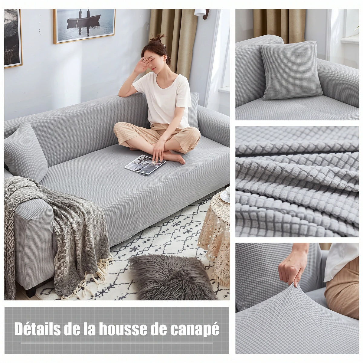 Housse de Canapé Extensible en Jacquard Antidérapant