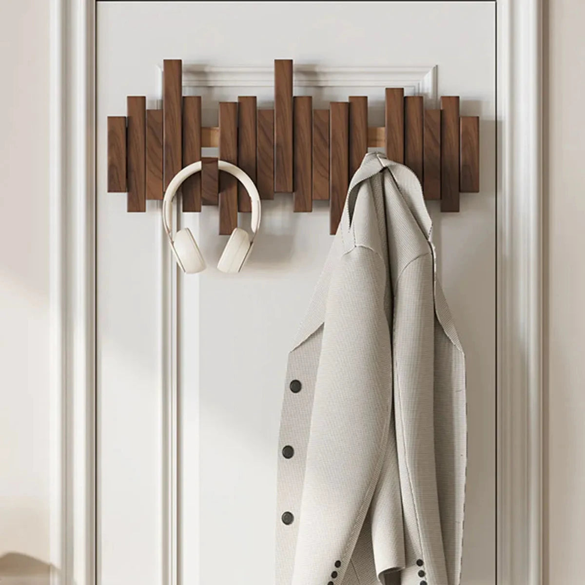 Porte-Manteau Mural en Bois à Crochets Pliables