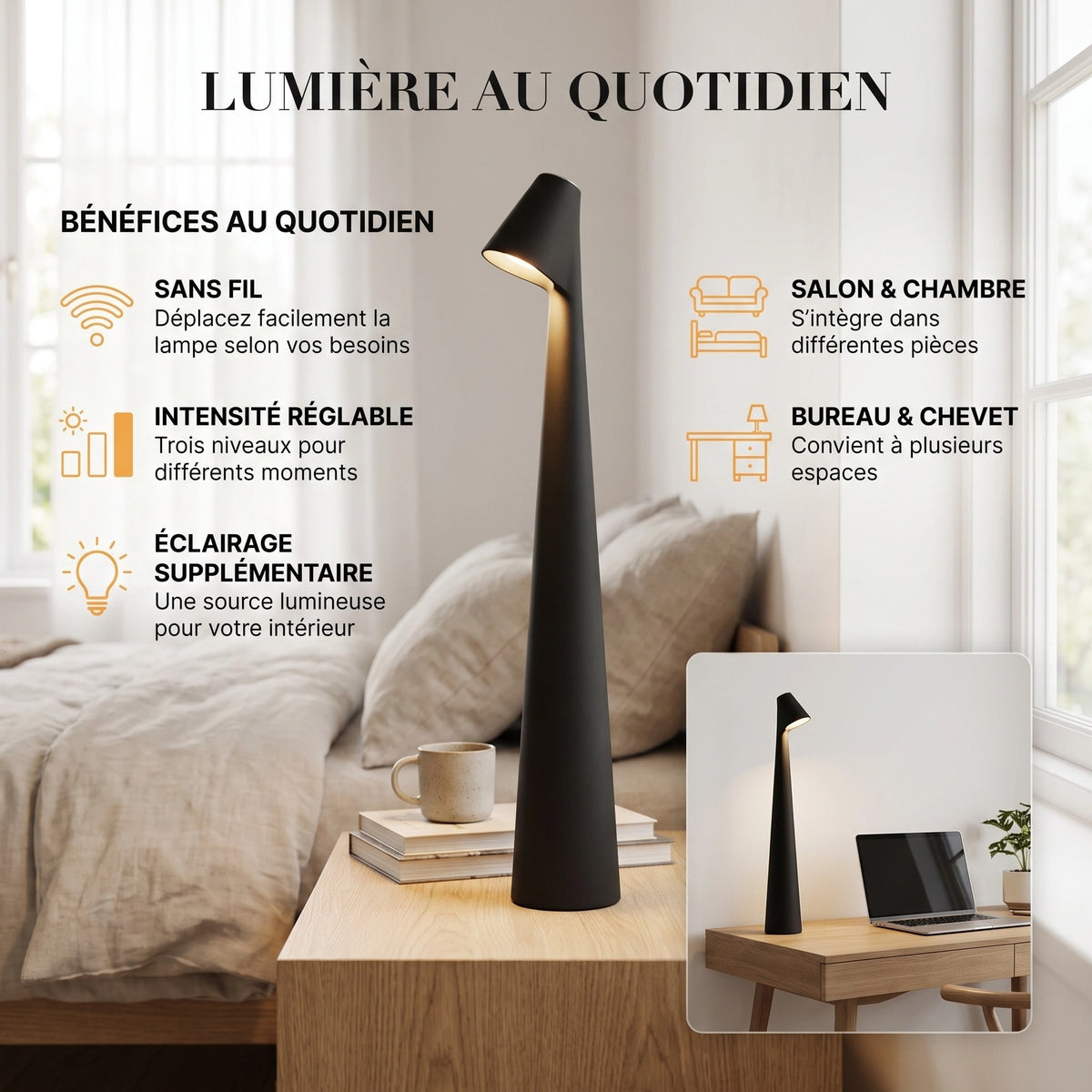 Lampe de Table Sans Fil Scandinave à Intensité Réglable