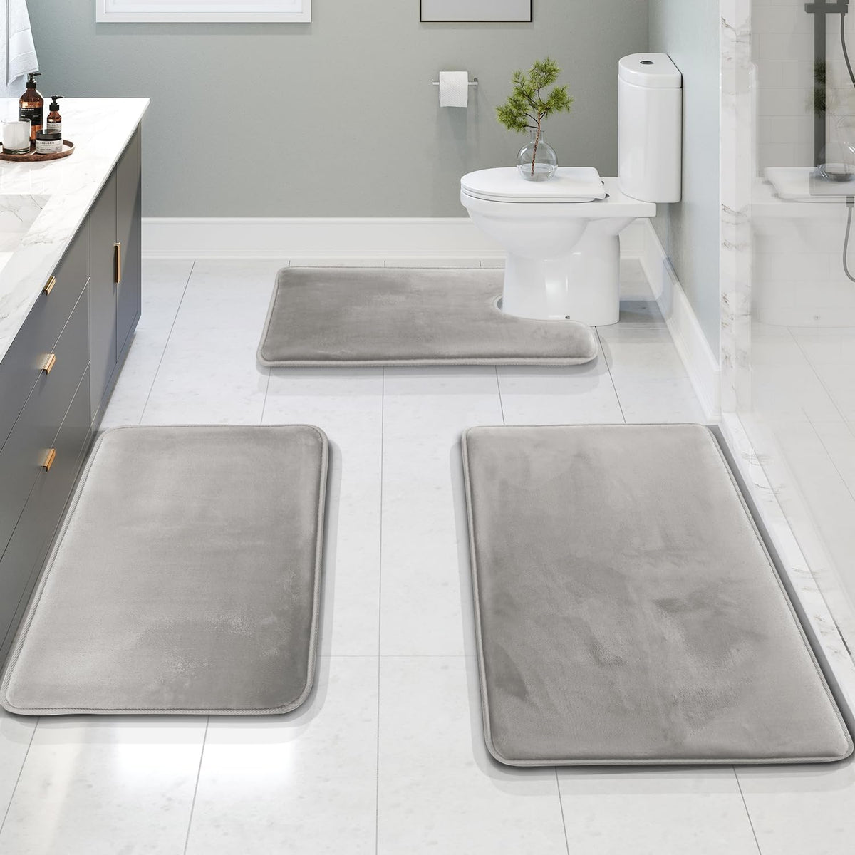 Ensemble de Tapis de Bain Antidérapants en Mousse à Mémoire – 3 Pièces