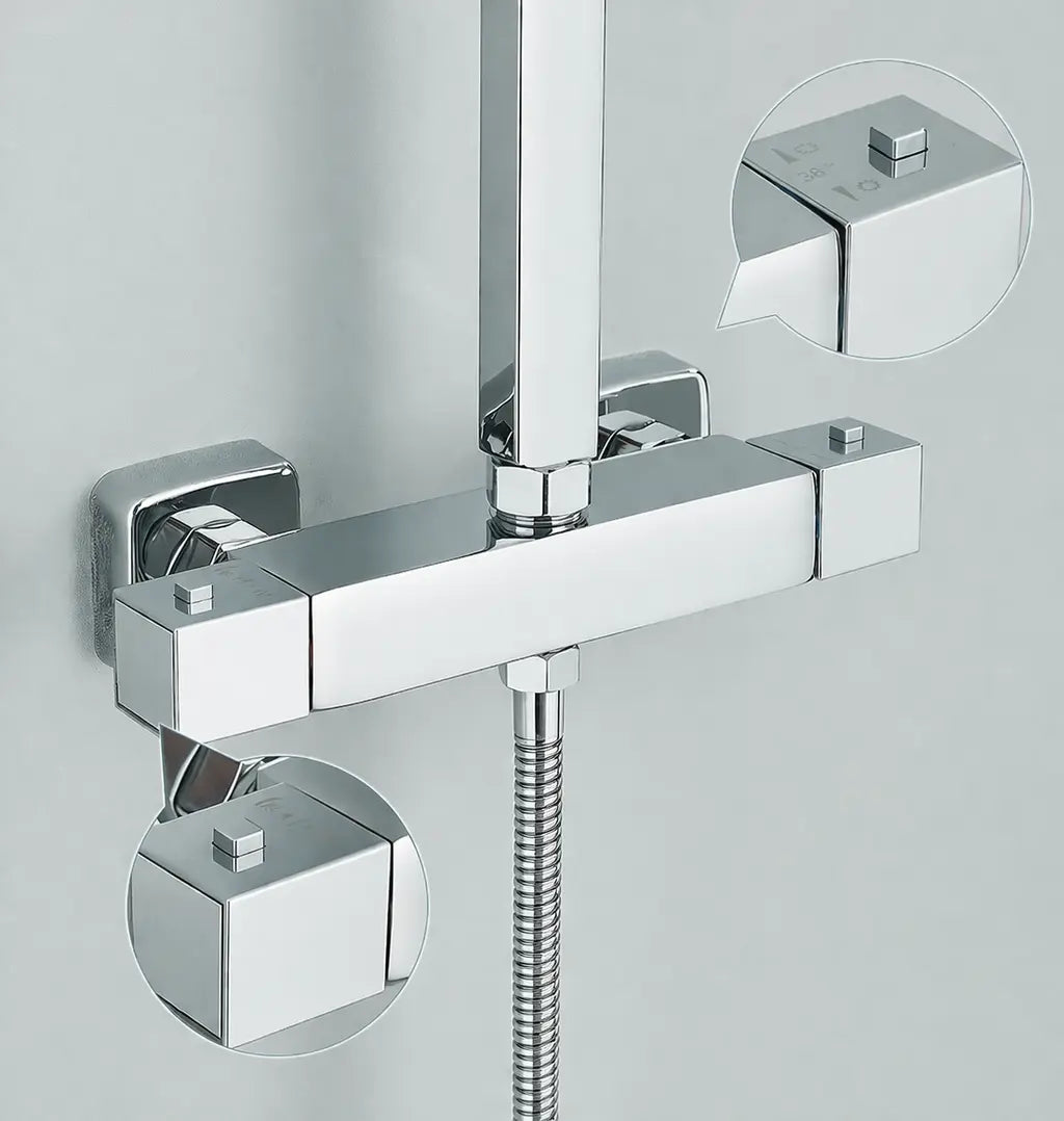 Colonne de douche thermostatique chrome — détail matière