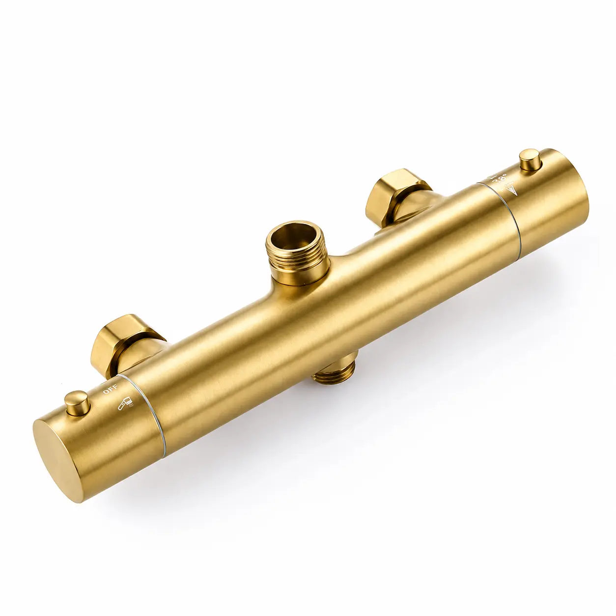 Colonne de douche thermostatique dorée — détail matière