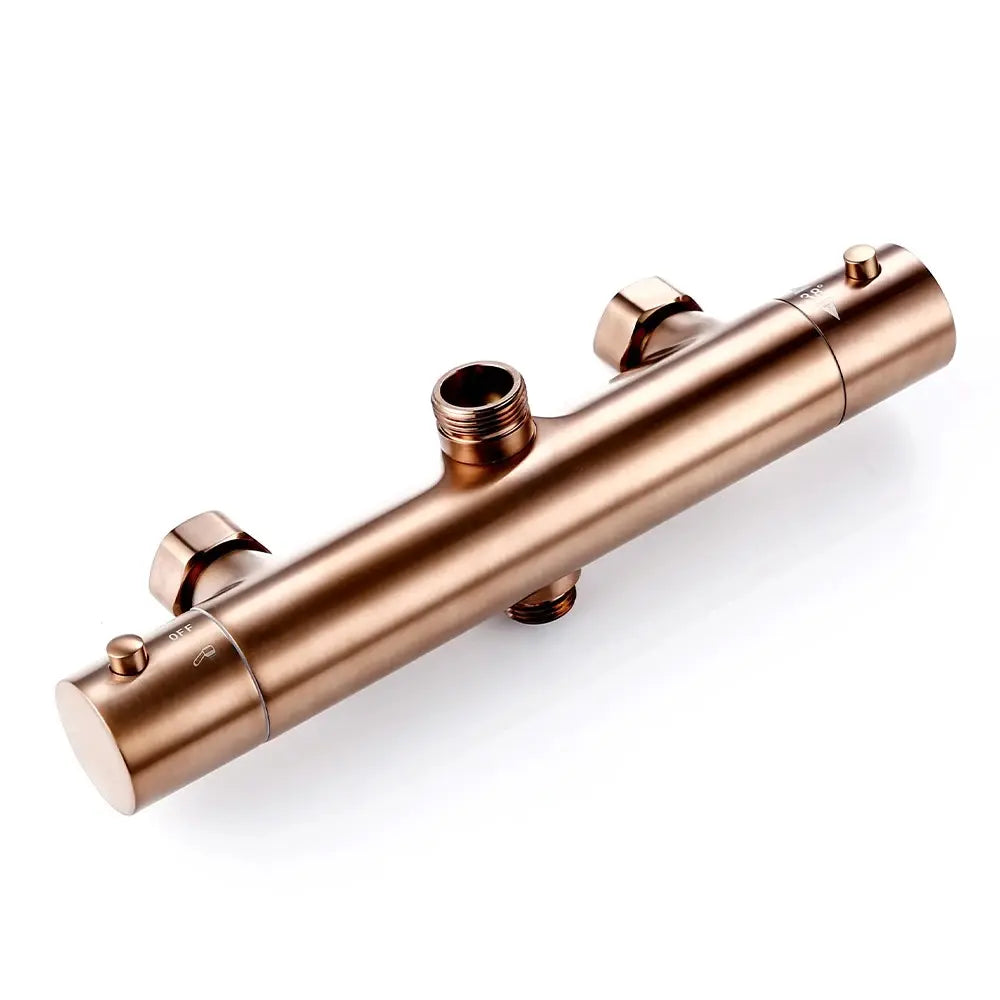 Colonne de douche thermostatique or rose brossé — détail matière