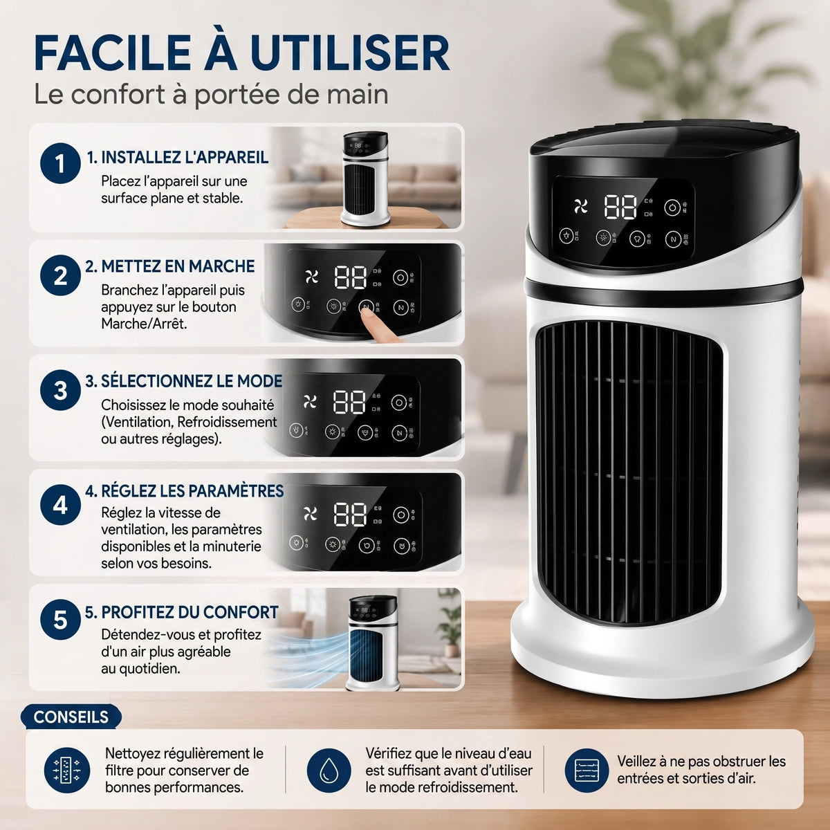 Climatiseur Portable avec Écran Numérique et Commandes Tactiles