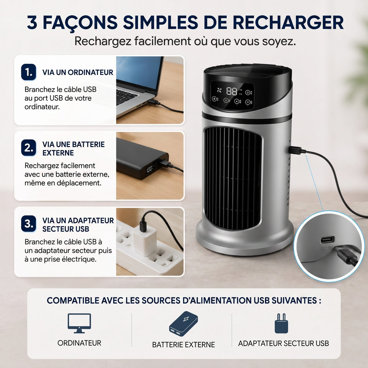 Climatiseur Portable avec Écran Numérique et Commandes Tactiles