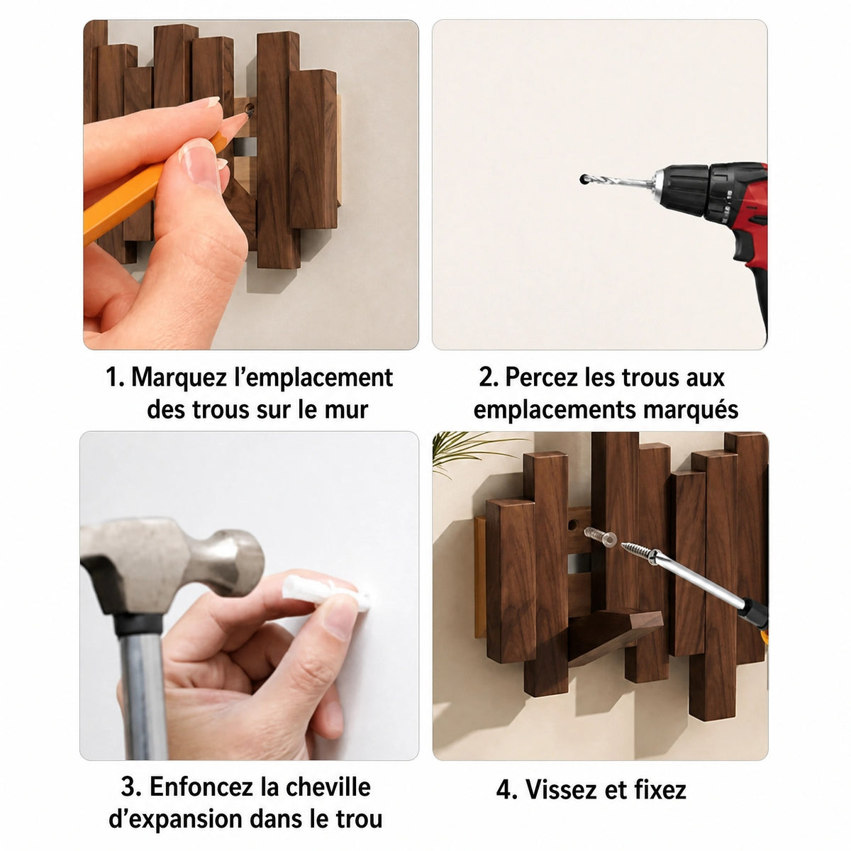 Porte-Manteau Mural en Bois à Crochets Pliables