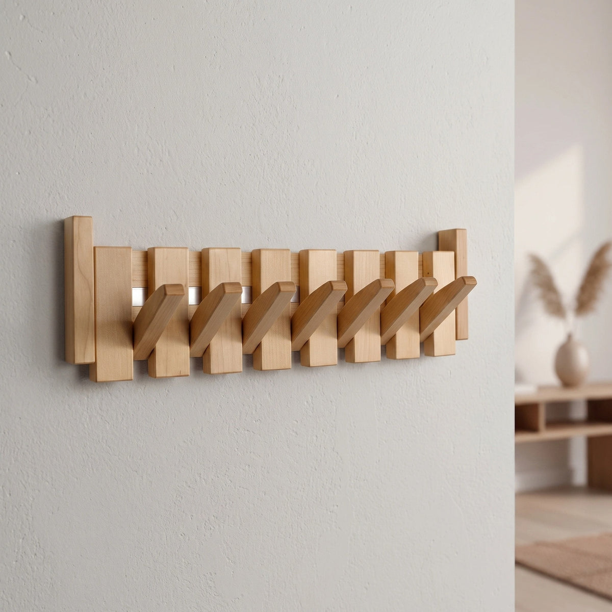 Porte-Manteau Mural en Bois avec Crochets Rabattables