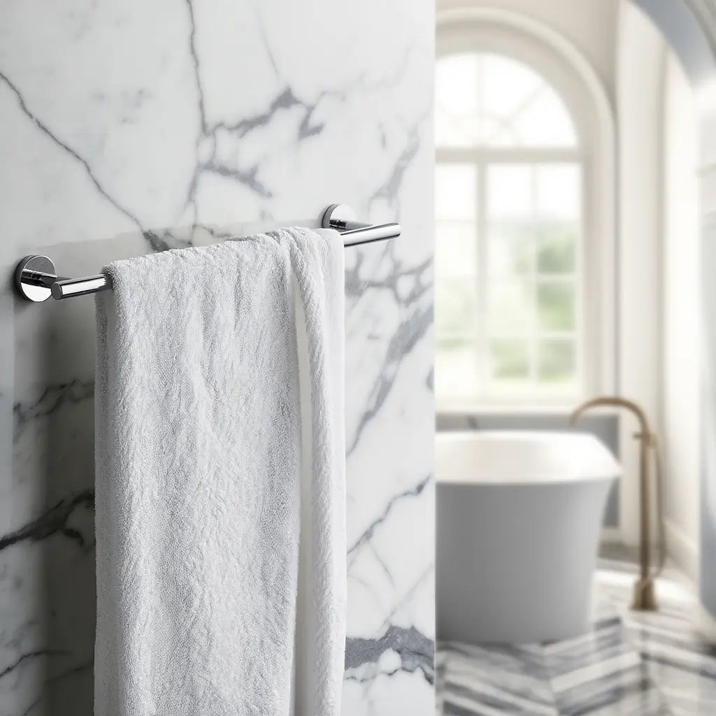 Porte-serviettes chromé avec serviette blanche fixé sur un mur en marbre d'une salle de bain