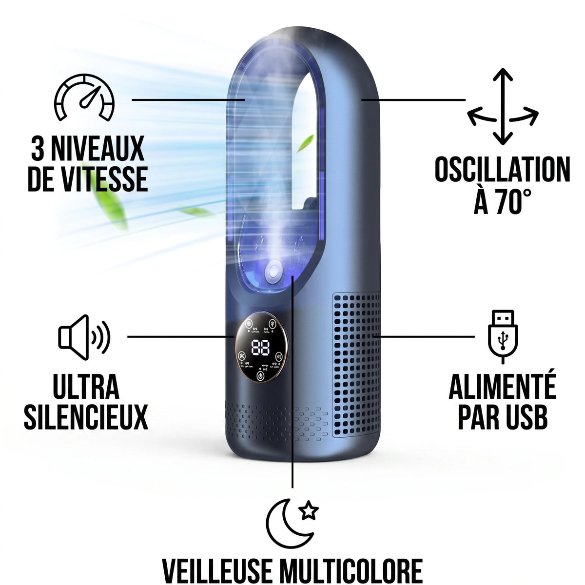 Rafraîchisseur d'Air de Bureau Sans Pales USB avec Oscillation