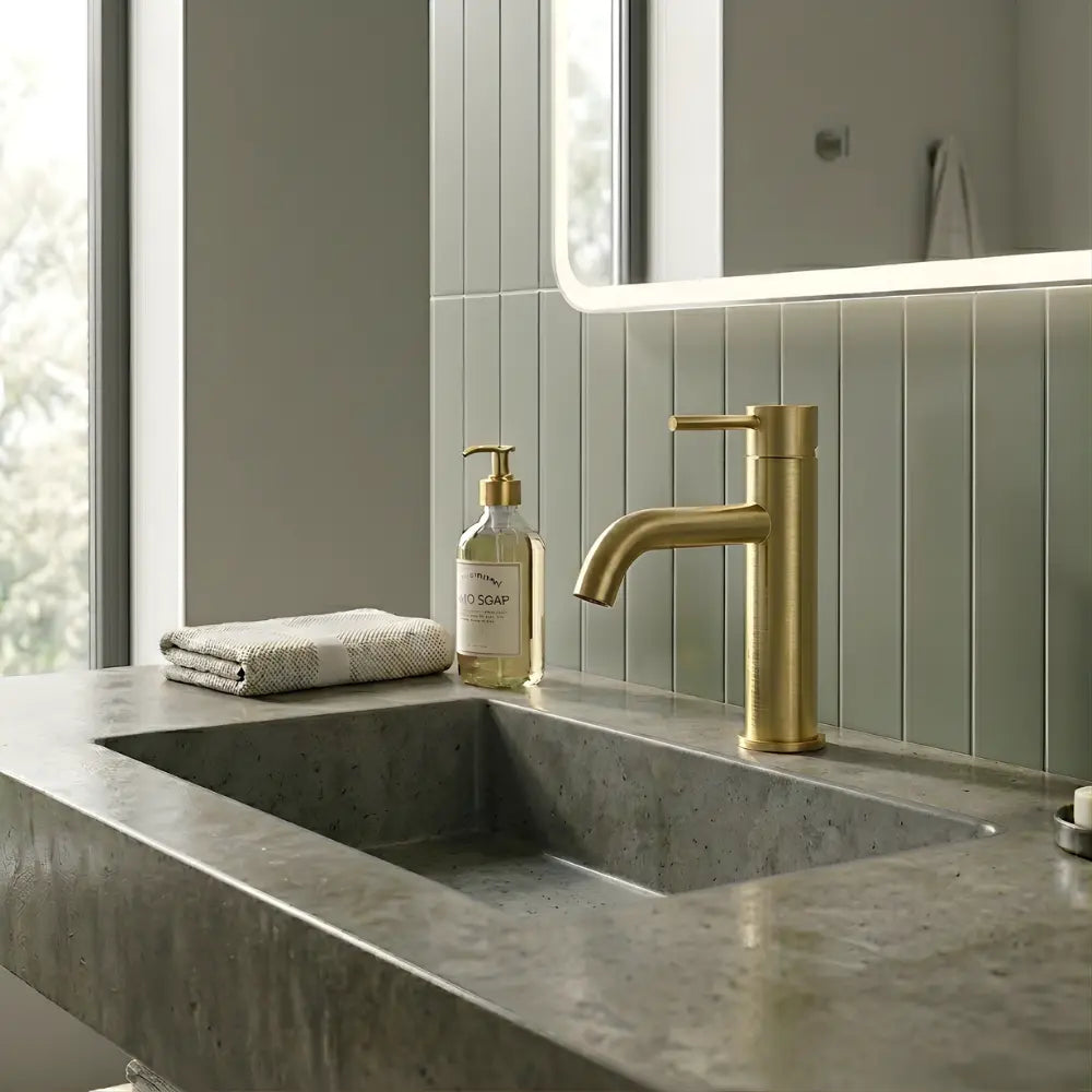 Robinet lavabo or brossé en laiton dans une salle de bain