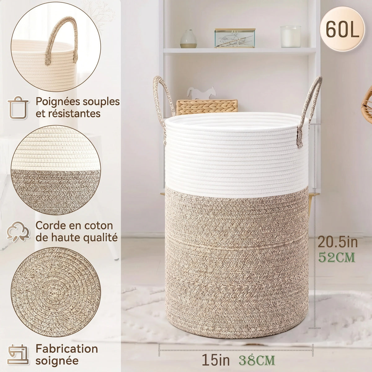 Panier à Linge Pliable en Coton avec Poignées