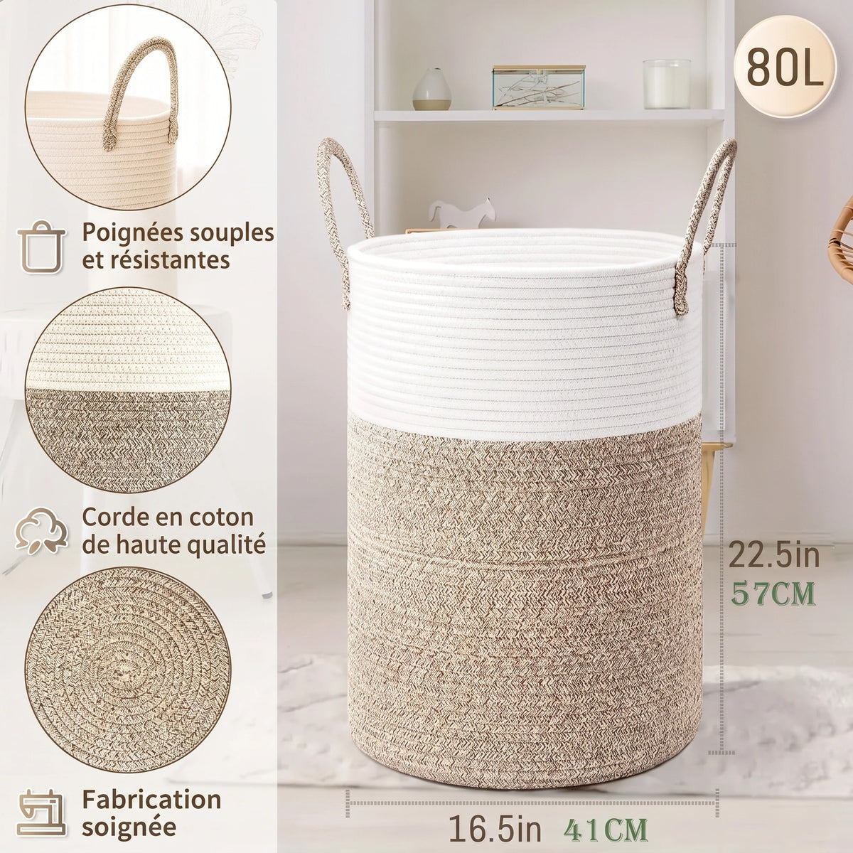 Panier à Linge Pliable en Coton avec Poignées
