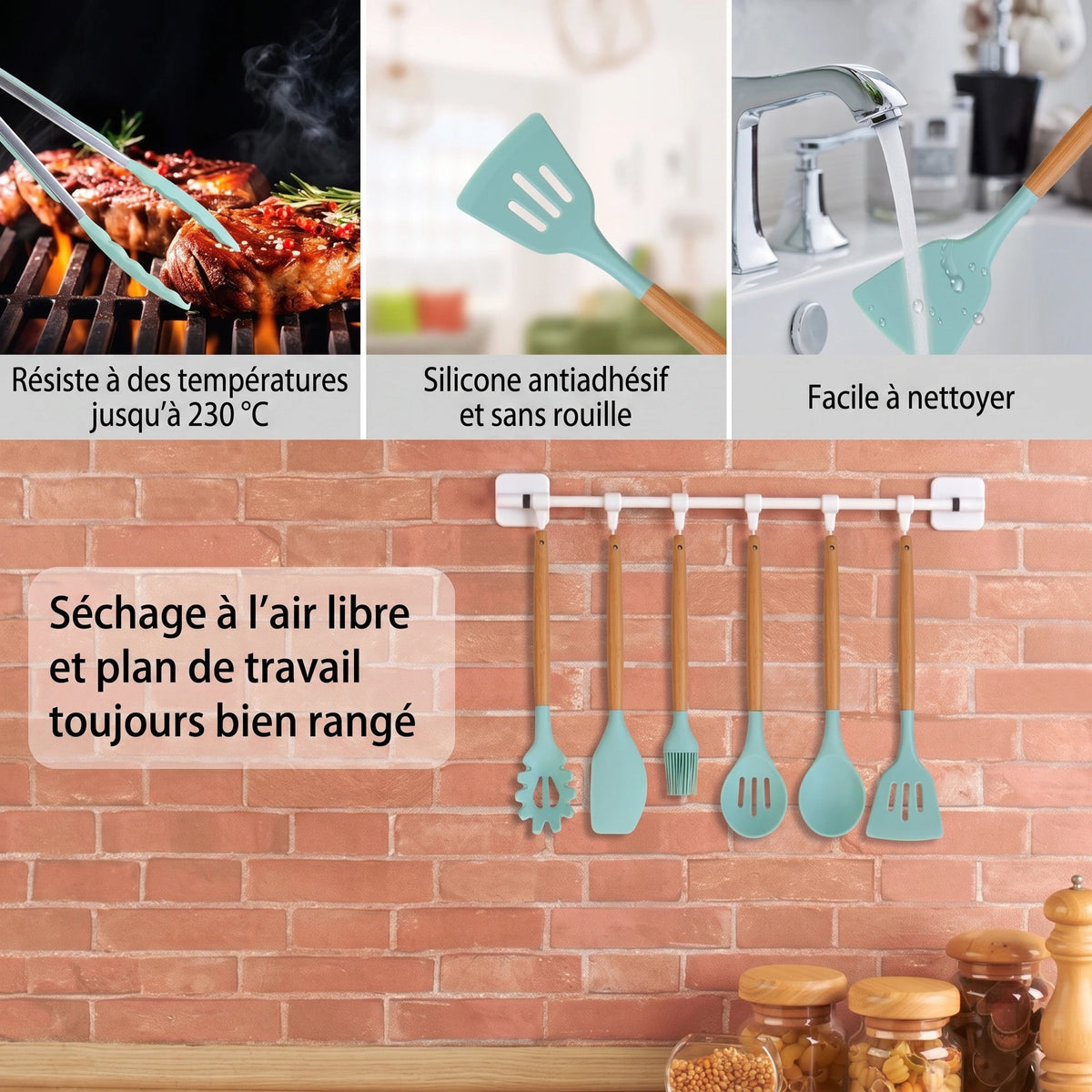 Set d'Ustensiles de Cuisine en Silicone 11 Pièces avec Support