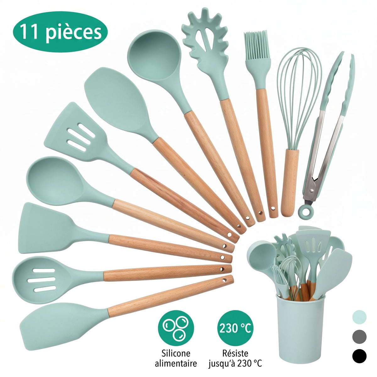 Set d'Ustensiles de Cuisine en Silicone 11 Pièces avec Support