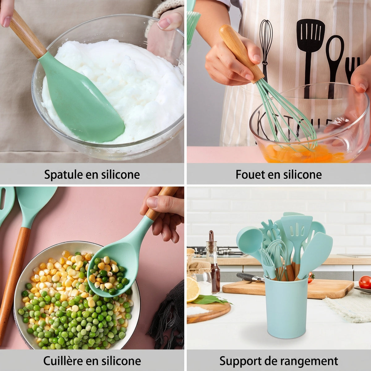 Set d'Ustensiles de Cuisine en Silicone 11 Pièces avec Support