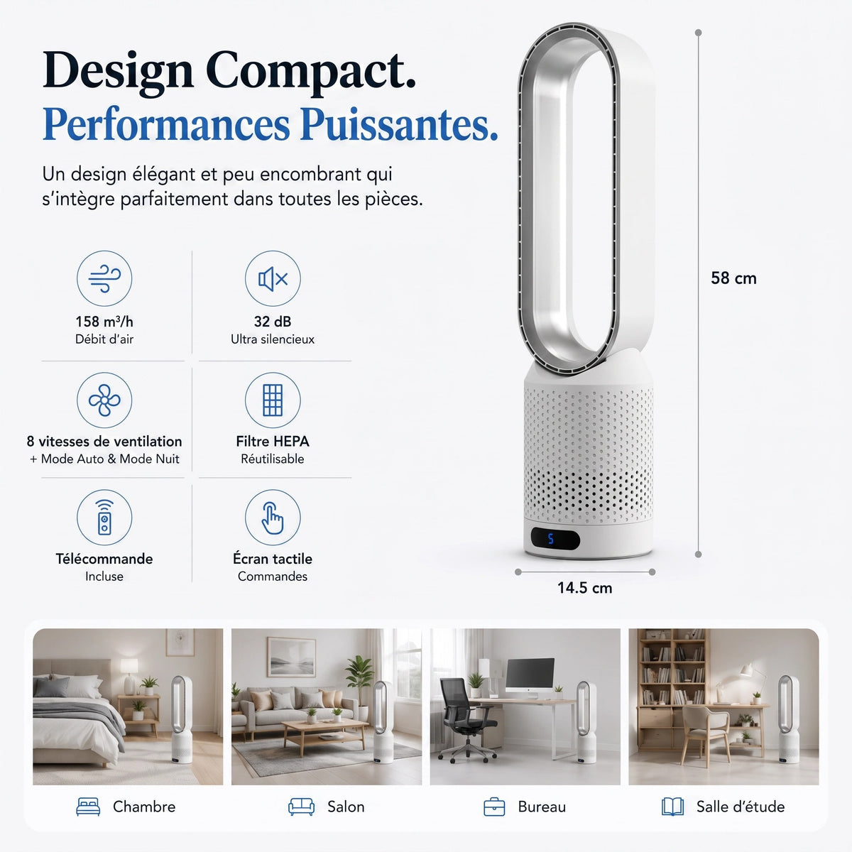 Ventilateur Colonne Sans Pales avec Purificateur d'Air