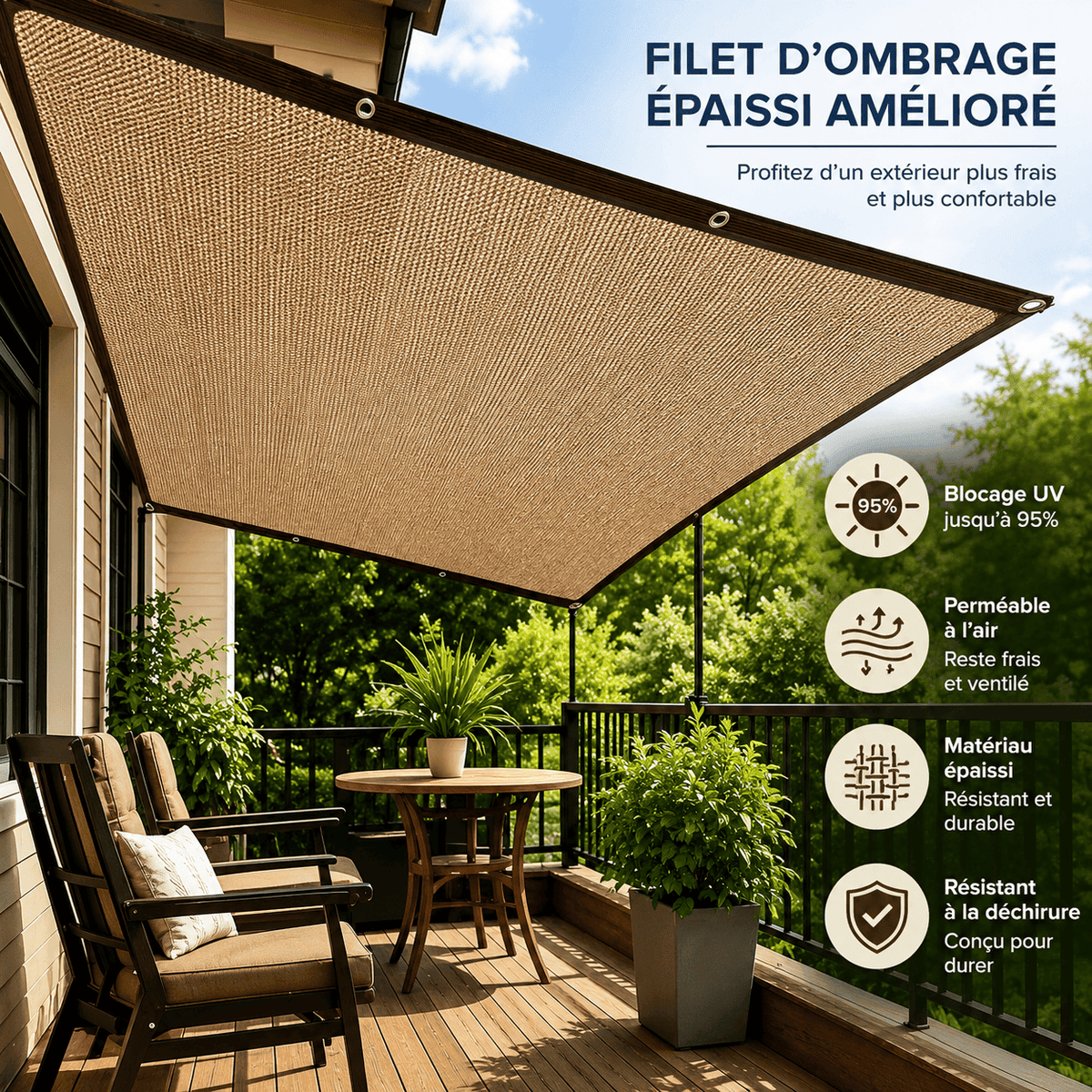 Voile d'Ombrage Carrée en Maille pour Terrasse et Jardin