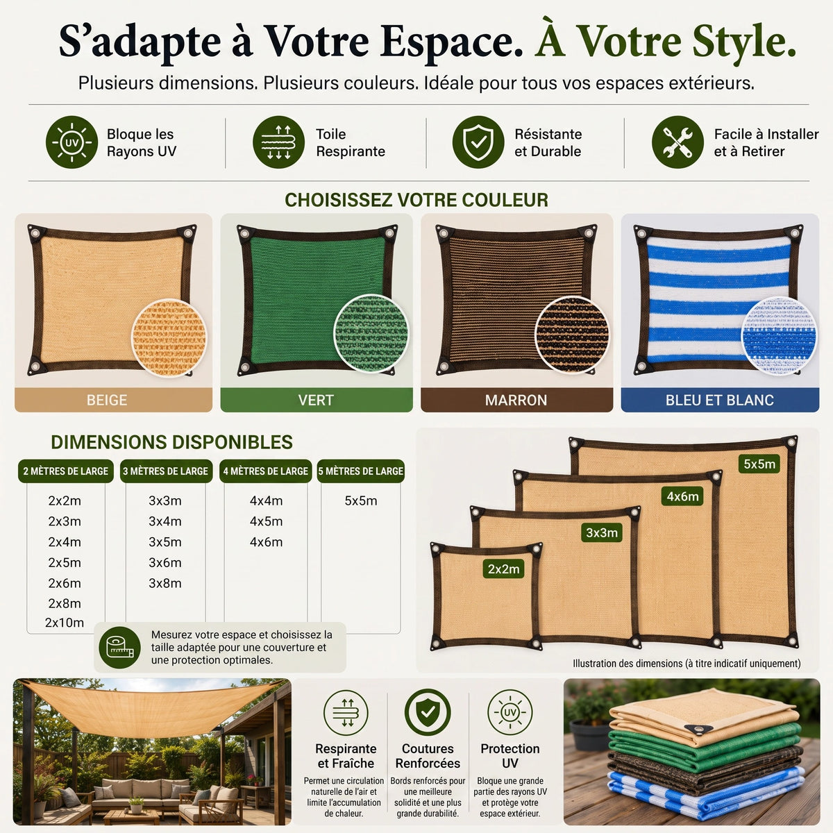 Voile d'Ombrage Rectangulaire en Maille pour Terrasse et Jardin