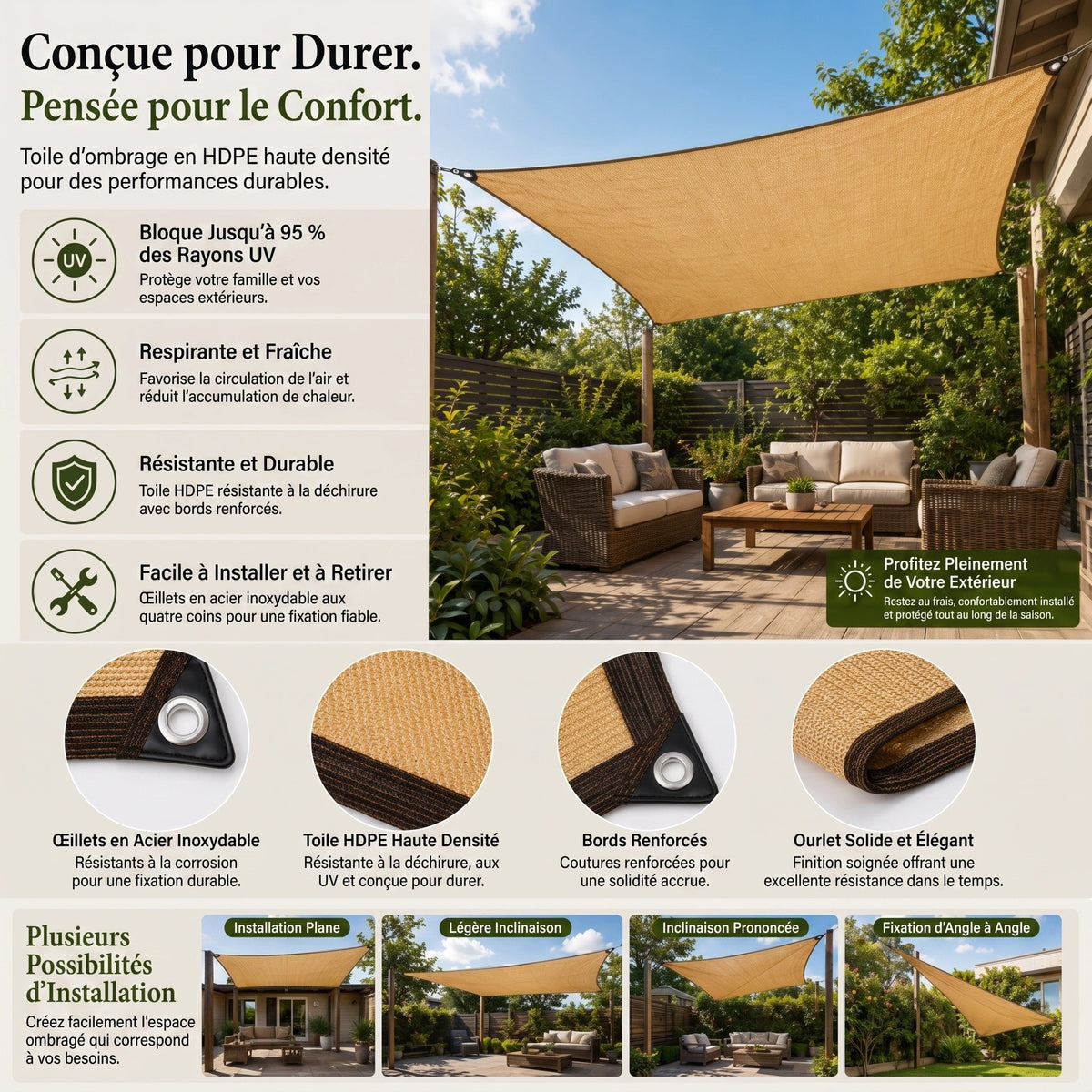 Voile d'Ombrage Rectangulaire en Maille pour Terrasse et Jardin